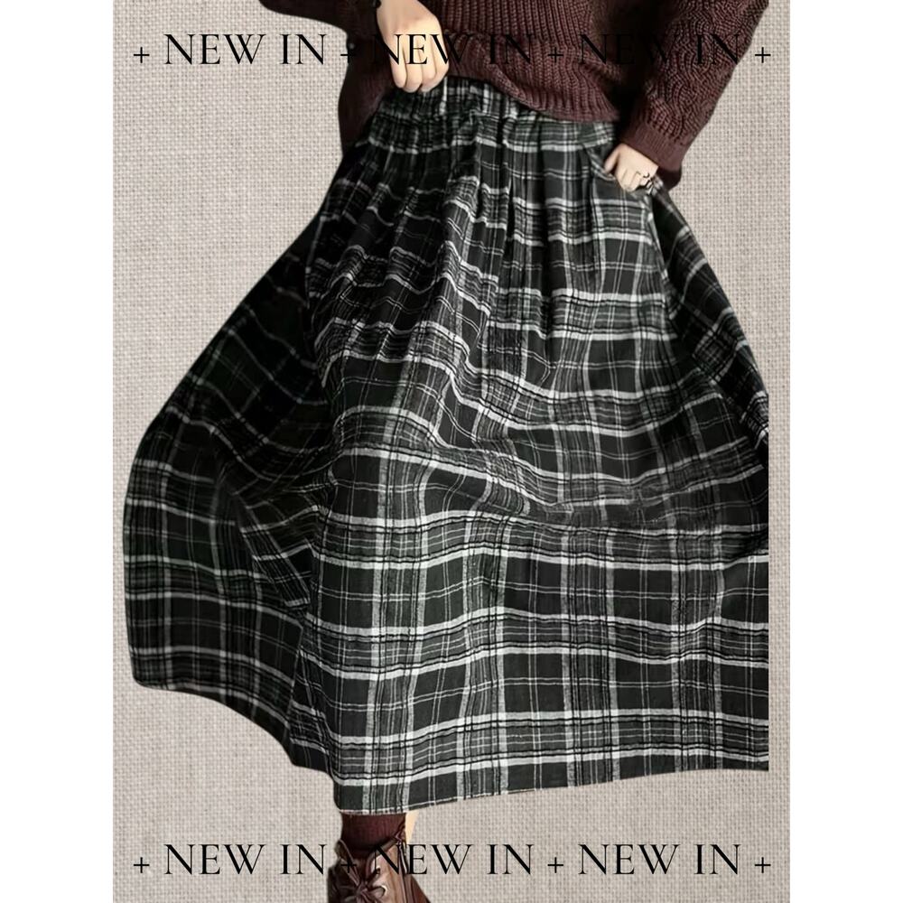 Black & Grey Plaid Maxi Skirt A-Line Flowy Cottagecore Boho Various Sizes NWOT - Picture 3 of 4